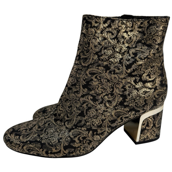 DKNY Corrie Gold Brocade Fabric Ankle Boots Size 6 M US Chunky Heel NWB - Picture 1 of 10